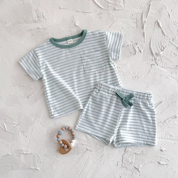 Nuovi vestiti per neonati Neonati maschi Set Casual Design a righe minimamente Top + Pantaloni corti Vestito infantile Estate 2 pezzi / set