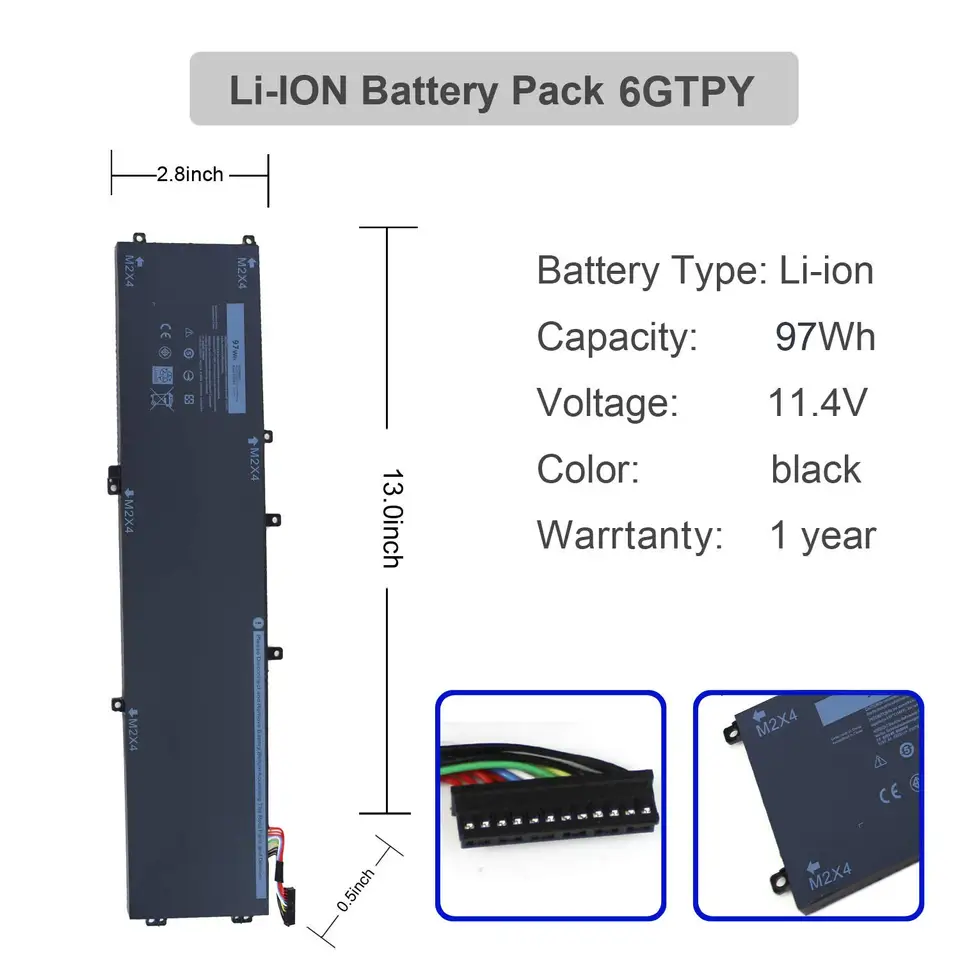Batterie 6GTPY 97Wh Pour Dell XPS 15, Precision, Vostro - 11.4V, 6 Cellules, Compatible Modèles 9560, 9570, 7590, Etc.