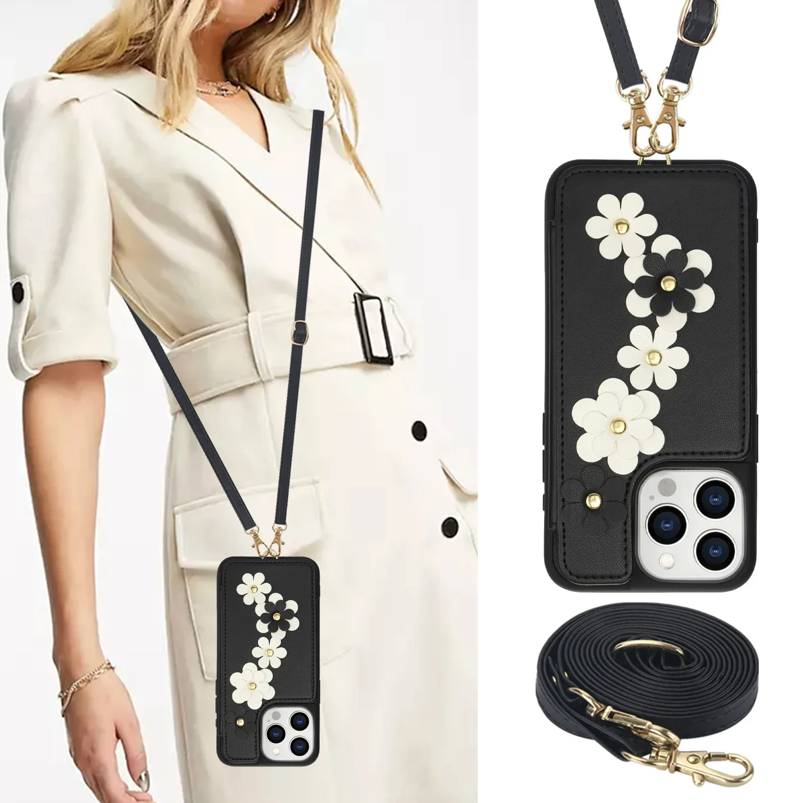 Crossbody Wrist Strap Flower Phone Case for IPhone 16 15 14 13 12 11 Plus Pro Max XS XR X 7 8 Wallet with Card Holder Shell Cover_voghion.com