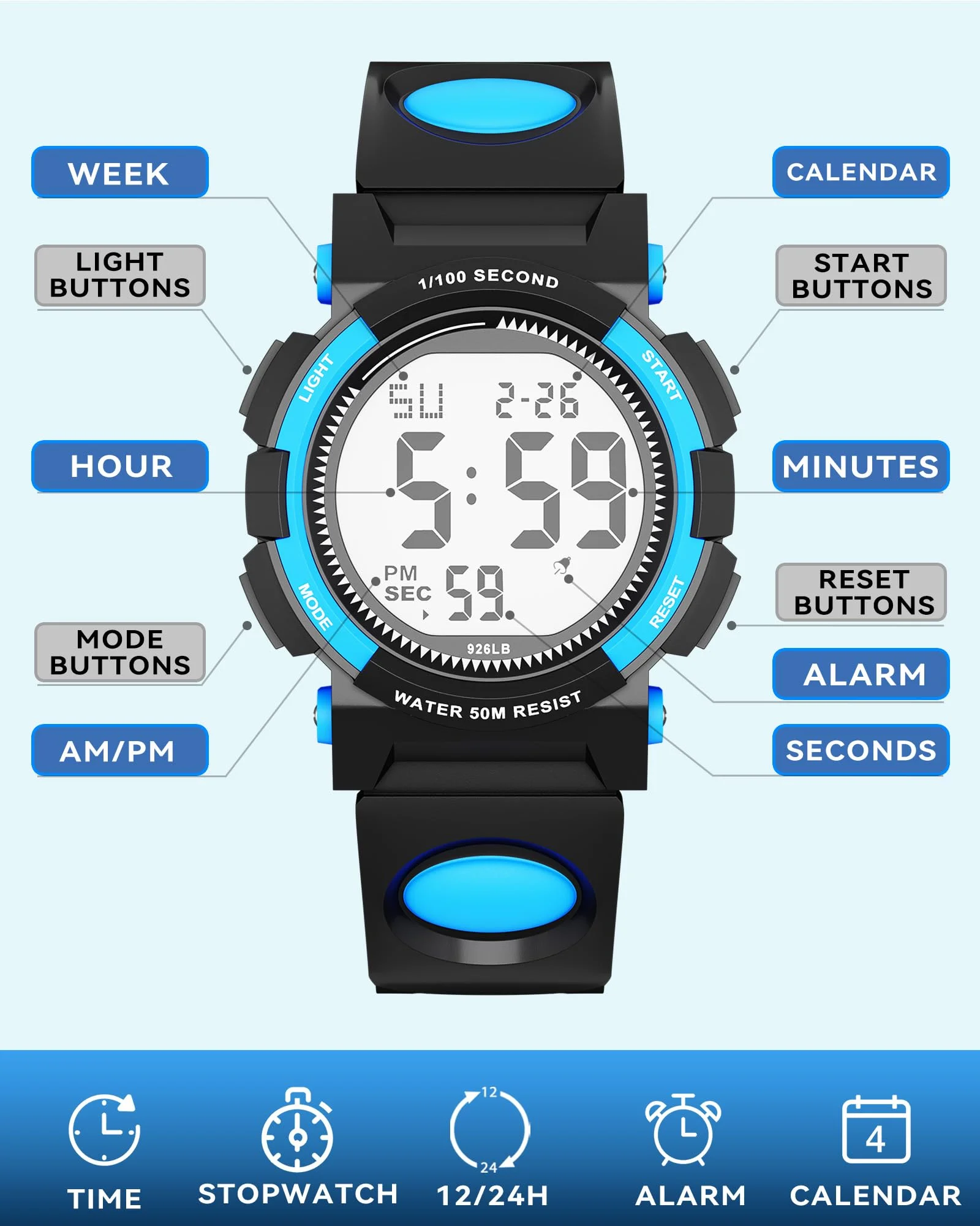 Socico Digital Watch for Kids, Waterproof LED Lights Luminous Watches, Children Wristwatch Boys Students Electronic Wrist Watch