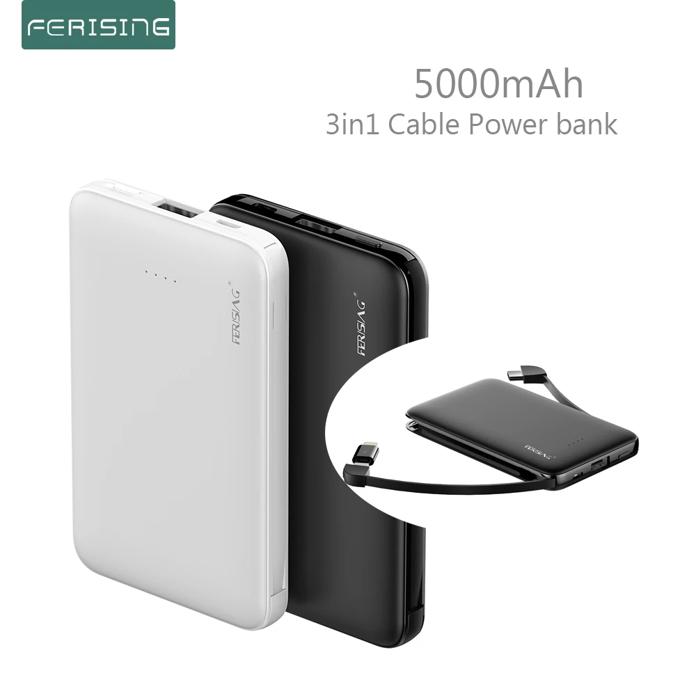 FERISING With built in Cable Power Bank 5000mAh USB Type C Portable Charger PowerBank External Battery Charge For iPhone Xiaomi anker powercore 20000