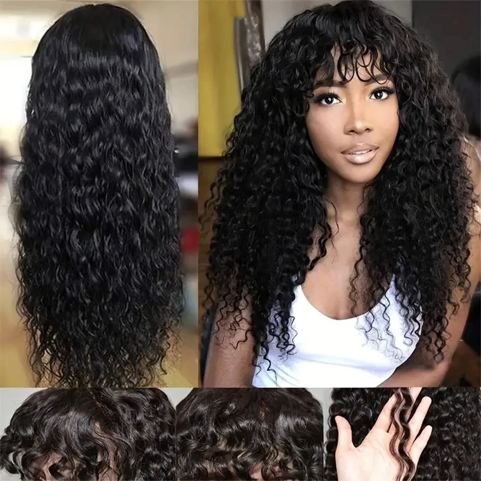 Parrucche di capelli umani ricci con frangia, parrucca brasiliana a onda d'acqua, interamente realizzata a macchina, pre-pizzicata, pronta da indossare, senza colla, per donne. - immagine 2