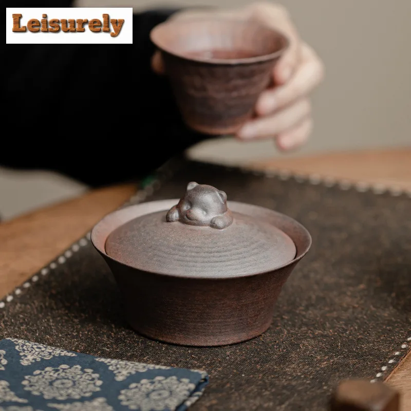 140ML Handmade Coarse Pottery Gaiwan Retro Old Rock Mud Little Bear Tea Tureen Tea Brewing Cover Bowl Kung Fu Tea Accessories