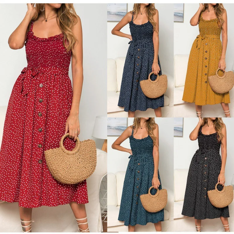 

Womens Boho Summer Beach Midi Dress Lady Holiday Strappy Button Sundress Summer Vintage Casual Sundress