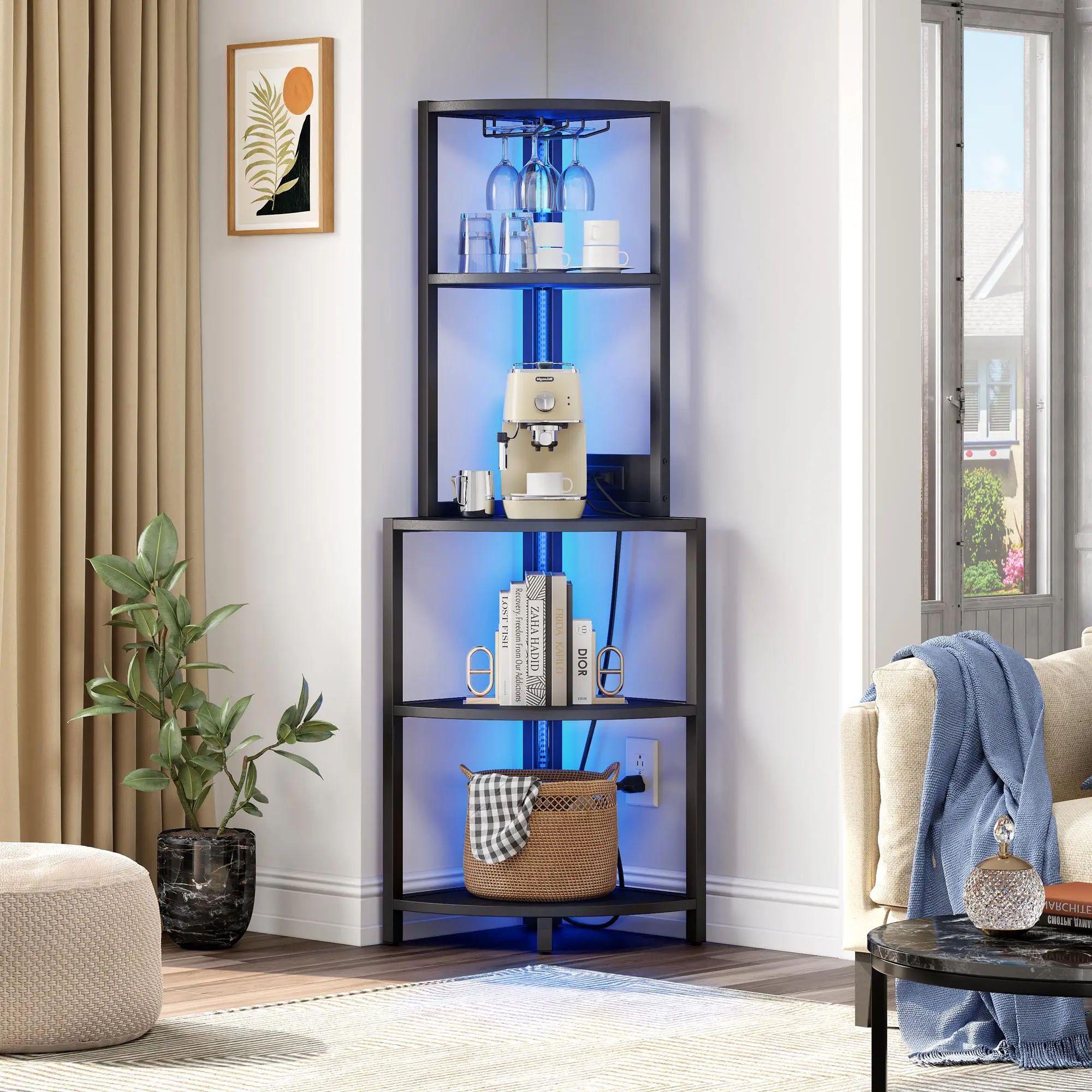 Corner Shelf with Power Outlets & LED Lights Bookshelf Bookcase Display Shelves