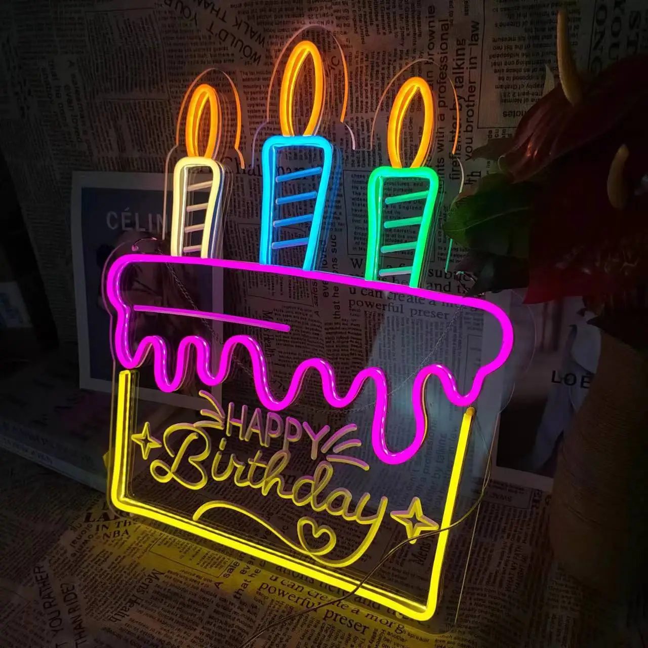 Panneau néon LED joyeux anniversaire, lumières murales d'intérieur, fête,  mariage, vitrine, Restaurant, décoration d'anniversaire, violet, 43x31cm