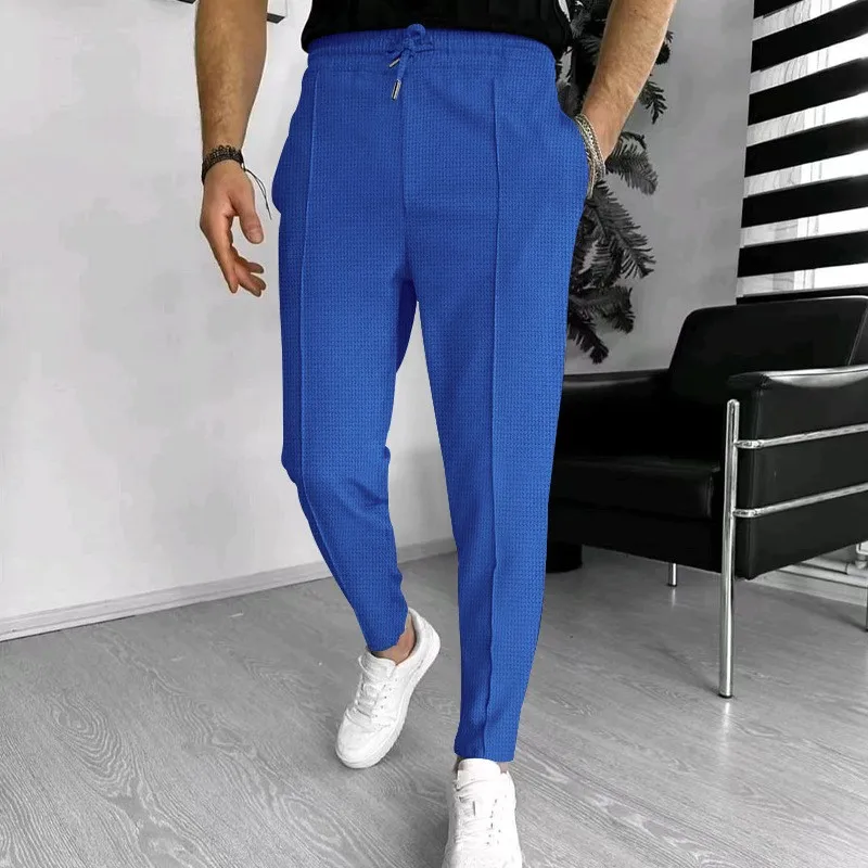 2024 Spring and Fall men's Waffle Leisure sports solid color pants trend fashion high quality drawstring small leg pants 6