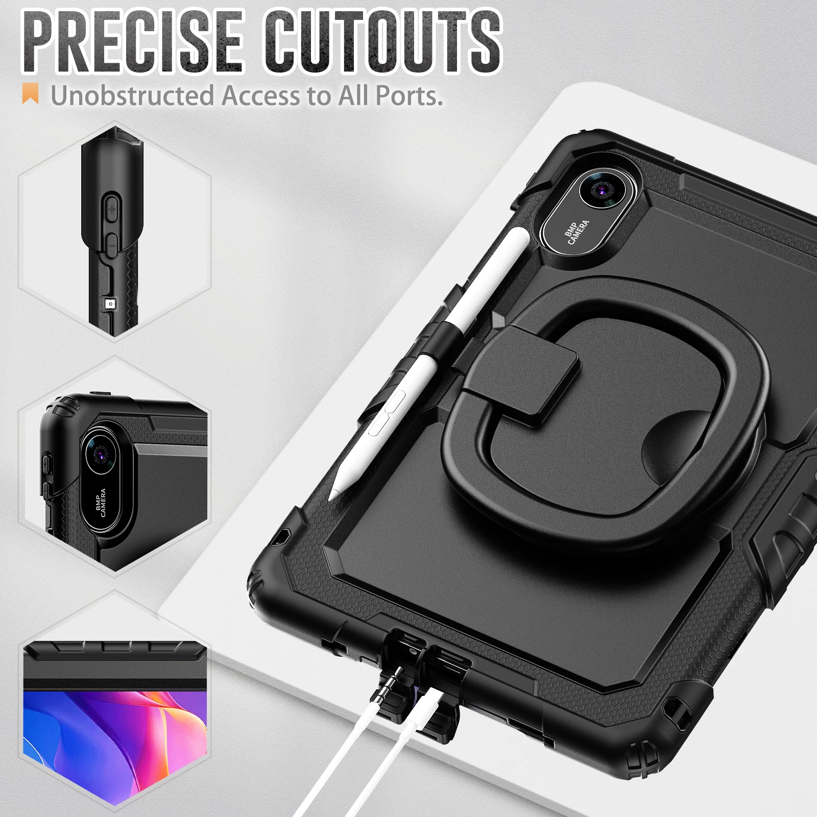 Durable 360° Rotating Kickstand Protective Case with Handle Grip and Shoulder Strap