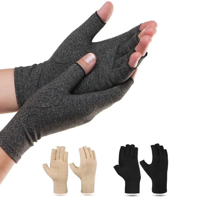 1 Pair Compression Gloves Hand Copper Arthritis Gloves Joint Pain Relief Half Finger Anti-slip Therapy Gloves For Womens Mens