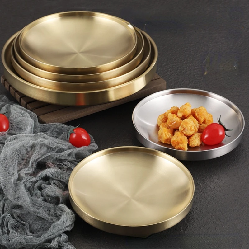 

Double-layer insulated 304 stainless steel plate Korean-style golden disc plate dish plate flat chassis fruit plate tray
