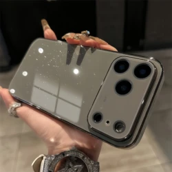 Luxury Shiny Glitter Glossy Glass Phone Case with Plating Lens Protector and Shockproof Design - iPhone 15 (Titanium Gray)