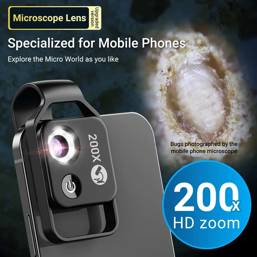 Pocket Microscope Lens CPL Filter LED Light Mini Micro Macro Lenses for iPhone 15 13 14 Samsung Smartphones APEXEL 200X mobile phone lens
