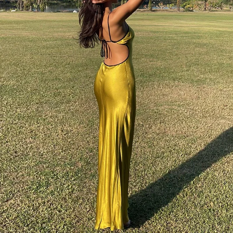 Sexy Dress Women y2k Clothes Contrast Color V Neck Spaghetti Strap Sleeveless Bodycon Long Dress Evening Party Dresses