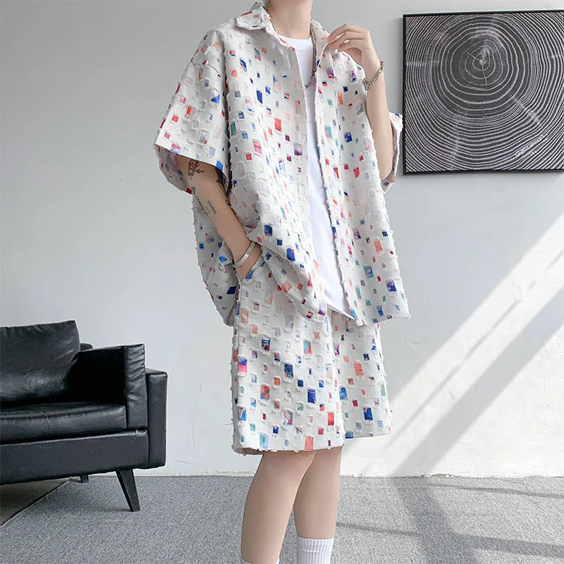 

Summer Sets Men Fashion Short Sleeved Shirt Shorts Two-piece Men Korean Loose Hollow Out Set Mens Short Sets Plus Size M-5XL