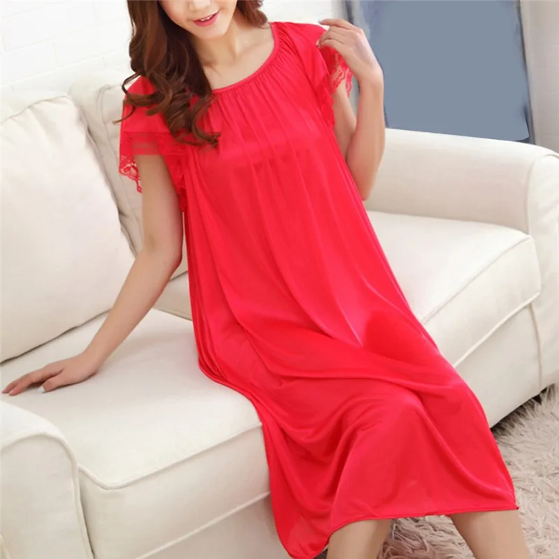 Summer Ice Silk Sleeping SkirtPlus Large Size Long Skirts Light Comfortable Women Sleeping Skirt Short Sleeve Extended Widened