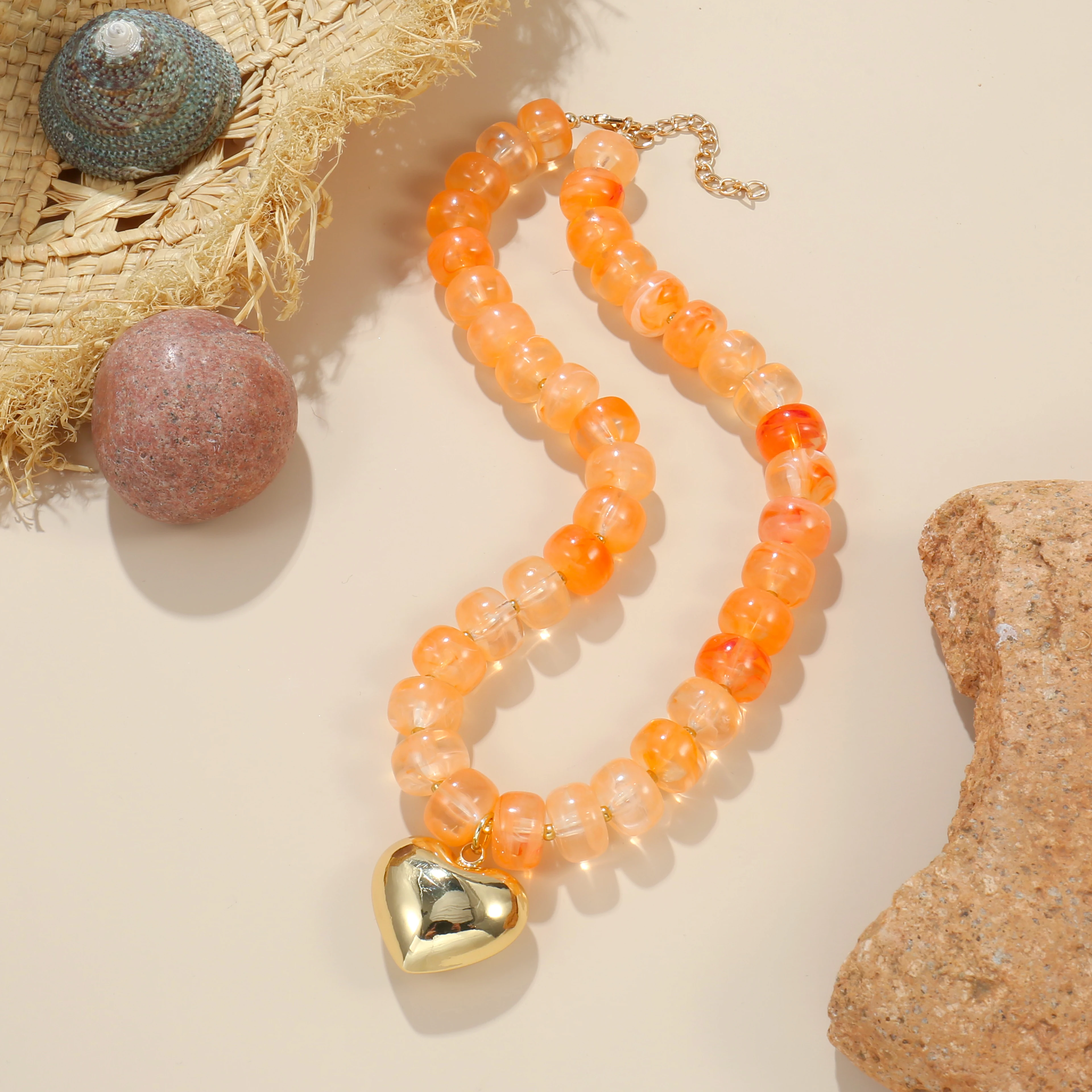 Badu Bohemia Colorful Acrylic Beaded Choker Necklace for Women 14K Gold Plated Heart Pendant Summer Aesthetic Y2K Jewelry Gift