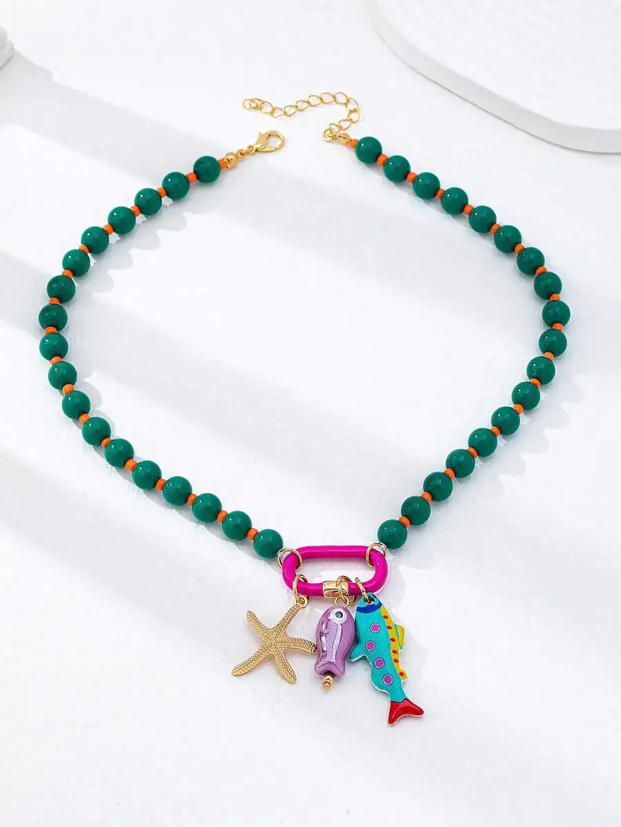 1pc Summer Beach Multi-Layer Resin Beaded Necklace, Colorful Fish & Starfish Charms, Boho Jewelry for Vacation & Beach Party