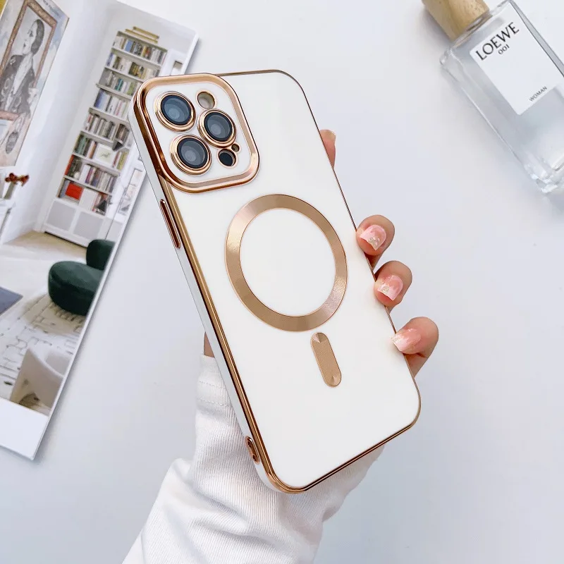Plating Frame Phone Case iPhone 13 12 11 Pro Max 14 Plus For Magsafe Magnetic Wireless Charging Lens Protective_voghion.com