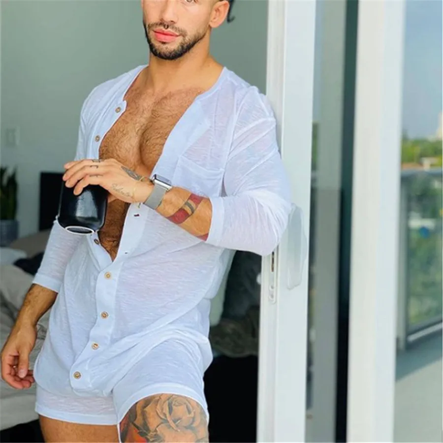 Sexy Pajamas Jumpsuit Men Solid Color Tight O-neck Long Sleeve Sleepwear Summer One-piece Buttons Home Clothes with Shorts