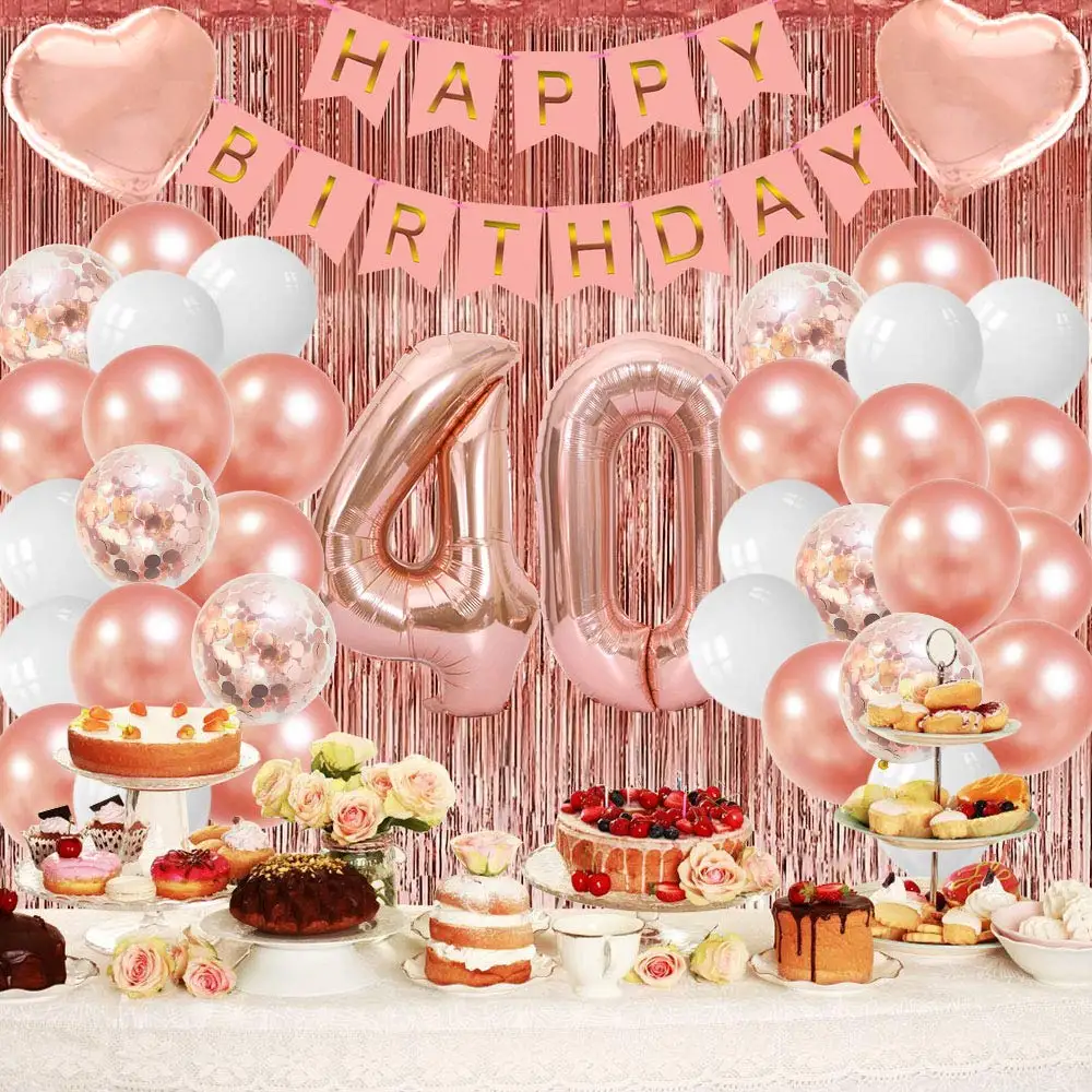 

40th Birthday Balloon Happy Birthday Banner Party decorated with rose gold ribbon background