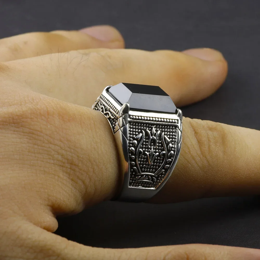 Bague Chevalière Art Déco Onyx Noir Argent Massif Ancienne - Bague Homme Femme Vintage | Chevalière Onyx Argent