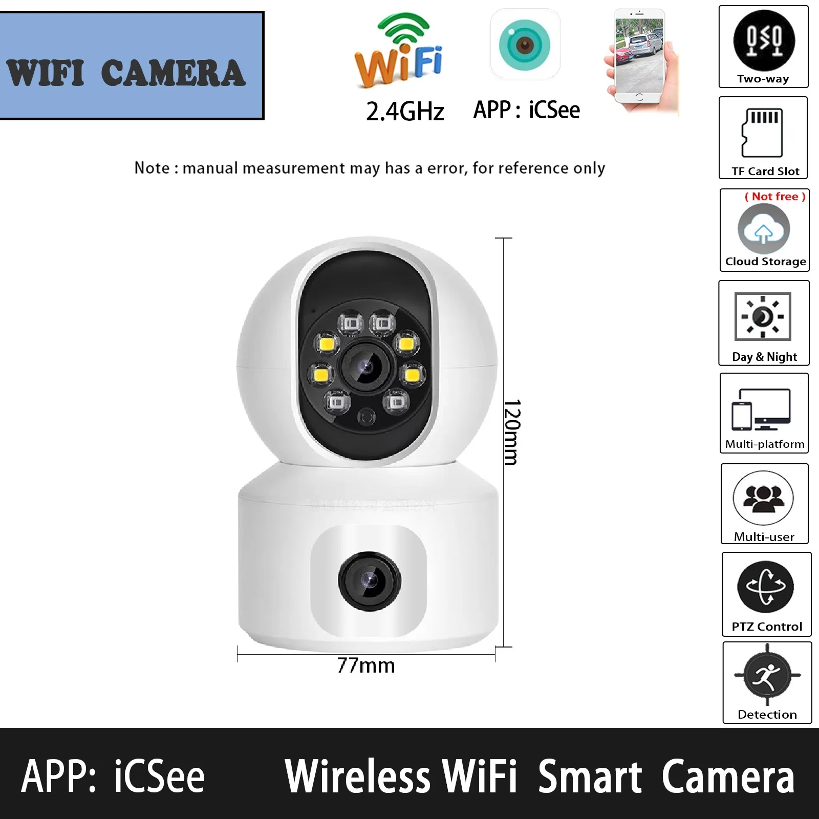 ICSee    PTZ ī޶, 2 , 2  ̺ , AI ޸ӳ̵ ,  , 1080P, 2MP