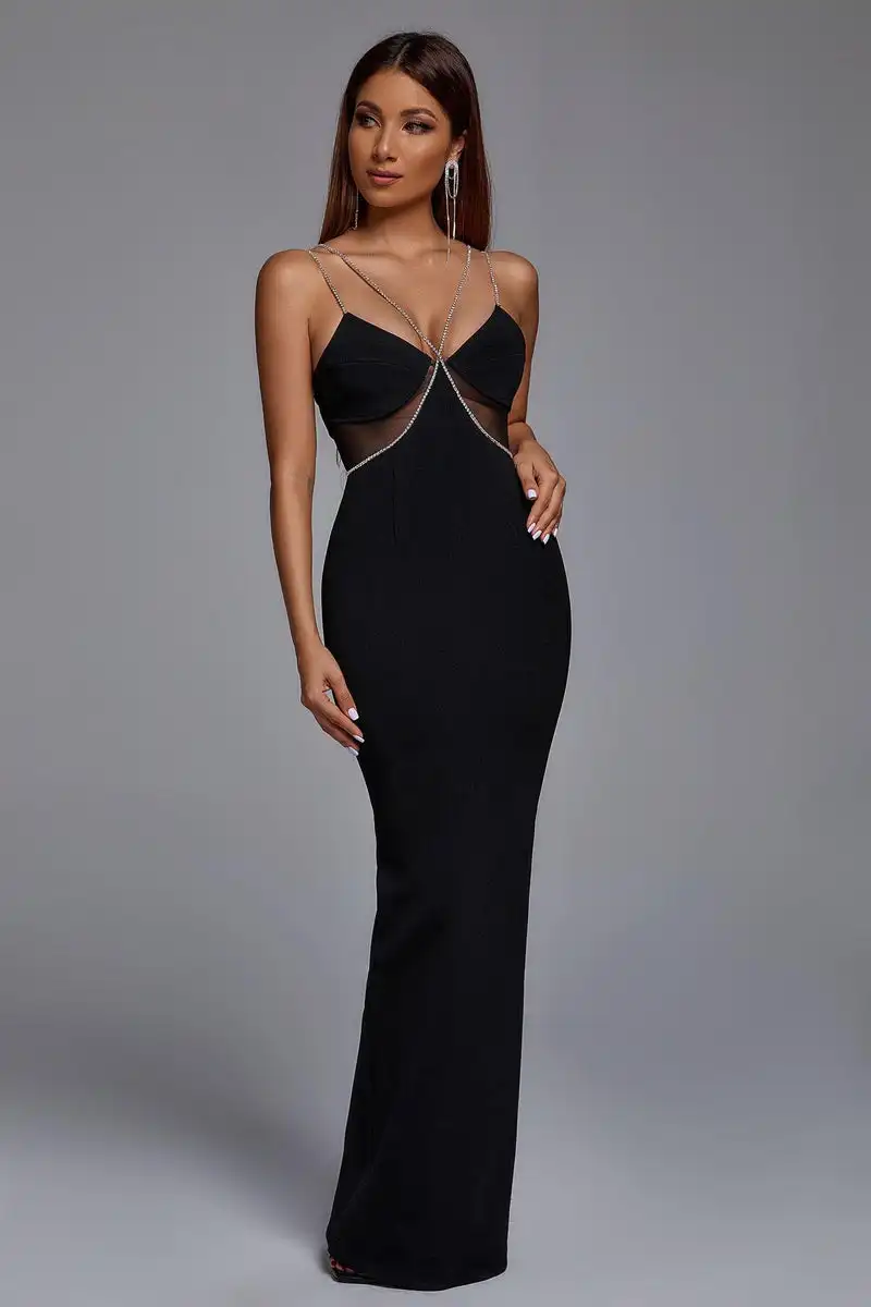 Black Color Women Sleeveless Sexy V-Neck Shinning Diamond Chain Bodycon Long Bandage Dress Evening Party Celebrate Outfit