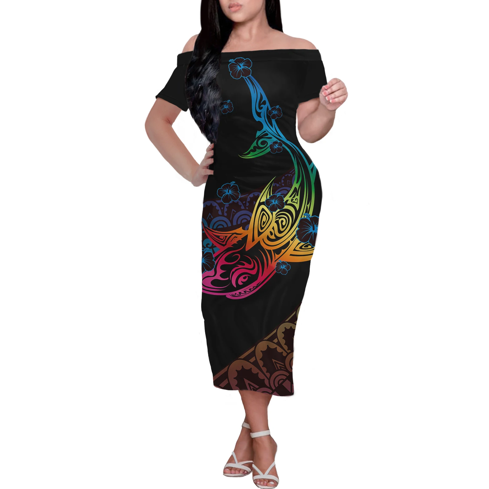 

Luxury Design Ladies Newest Clothing Polynesian Tribal Black Background With Carp Hibiscus Prints Custom Dress Factory Price