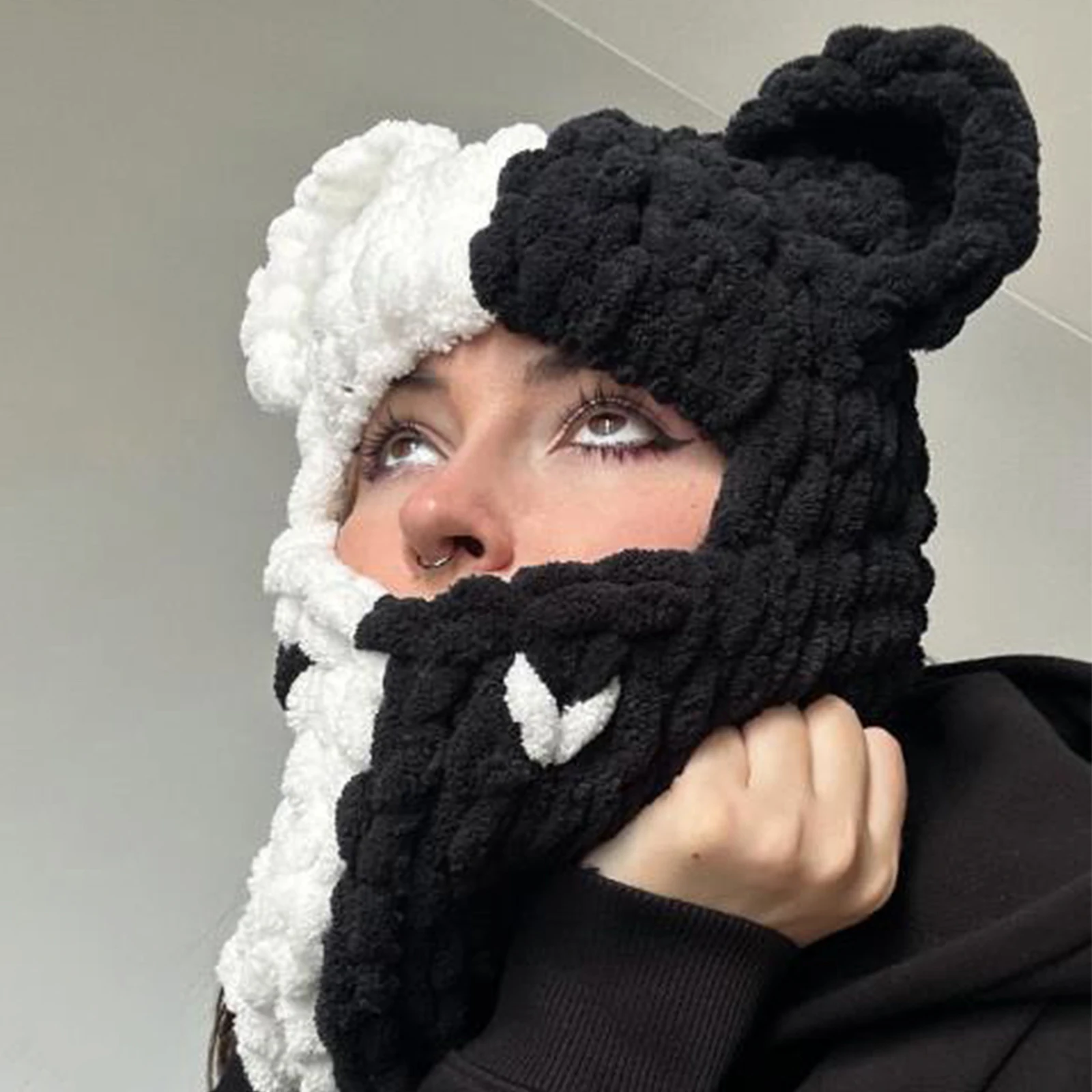 

Funny Ears Knitted Hat Beanie Contrast Color Heart Creative Fall Winter Warm Full Face Ski Facewear Caps Windproof Hat for Women