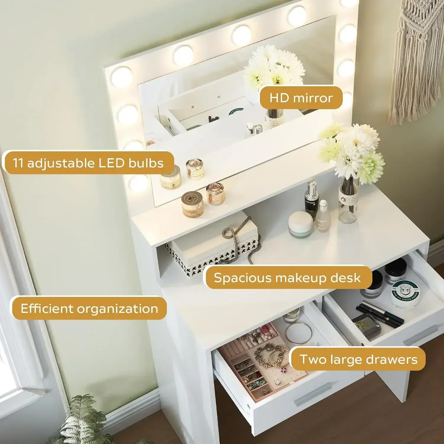 Vanity Desk with Mirror and Lights, Dressing Table with Large Drawer, 2 Level Storage Dresser & 3 Lighting Modes Adjustable