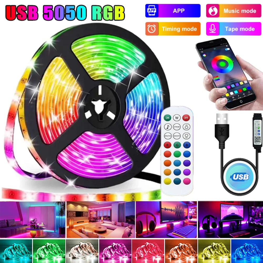 USB-лента, 5050 RGB, 5 м, Bluetooth-лента для освещения комнаты