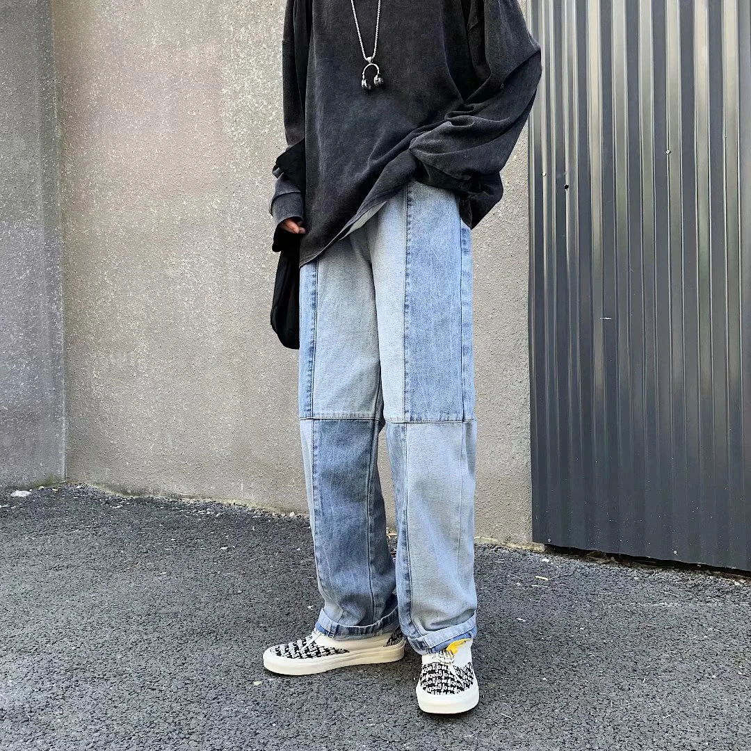 

Men Wash Splice Casual Straight Beggar Patch Patchwork Jeans Trousers Male Fashion Streetwear Harajuku Loose Hip Hop Denim Pants