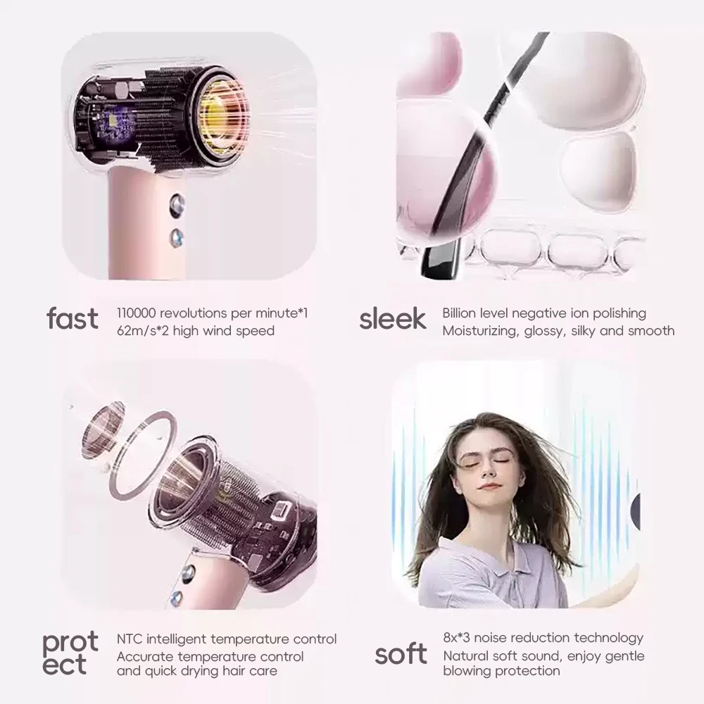 High-speed bladeless negative ion hair dryer 1600W silent noise reduction hair dryer dormitory home beauty salon tool