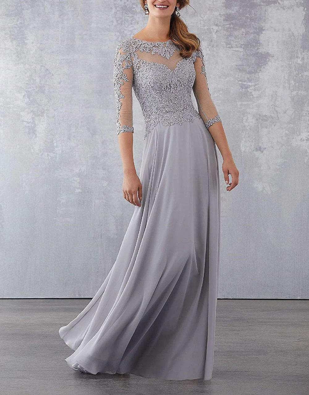 Purple Lace Applique Beaded Mother of the Bride Dresses Three Quarter Sleeve Long Chiffon Evening Formal Mother Dress mother bride dresses