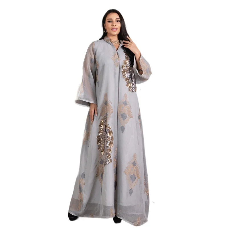 

Modest Muslim Mesh Sequins Embroidery Abaya Dress for Women Dubai Arab Moroccan Caftan Party Evening Robe Gray Eid Wear