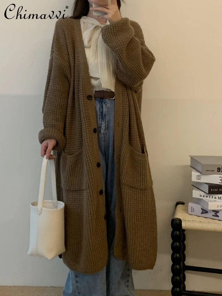 

Fashion Artistic Retro V-neck Long Sleeve Women's Sweater 2023 Autumn Winter Long Sweater Coat Loose Japanese Style Knitwear