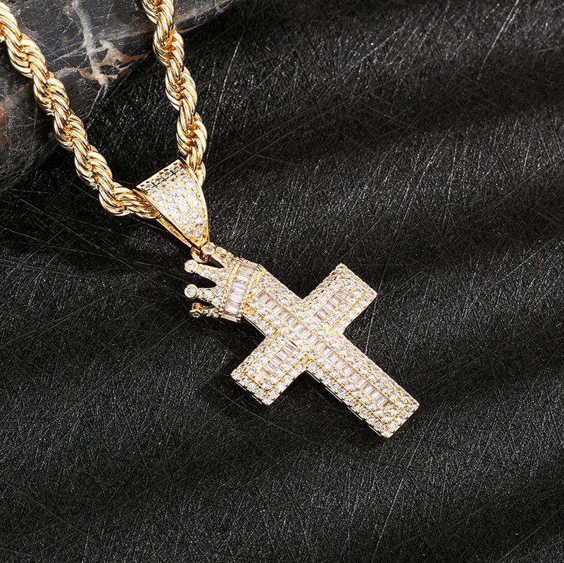 Direct Sale  Hip Hop 14k Gold Plated crown cross Zircon copper pendant charm 3
