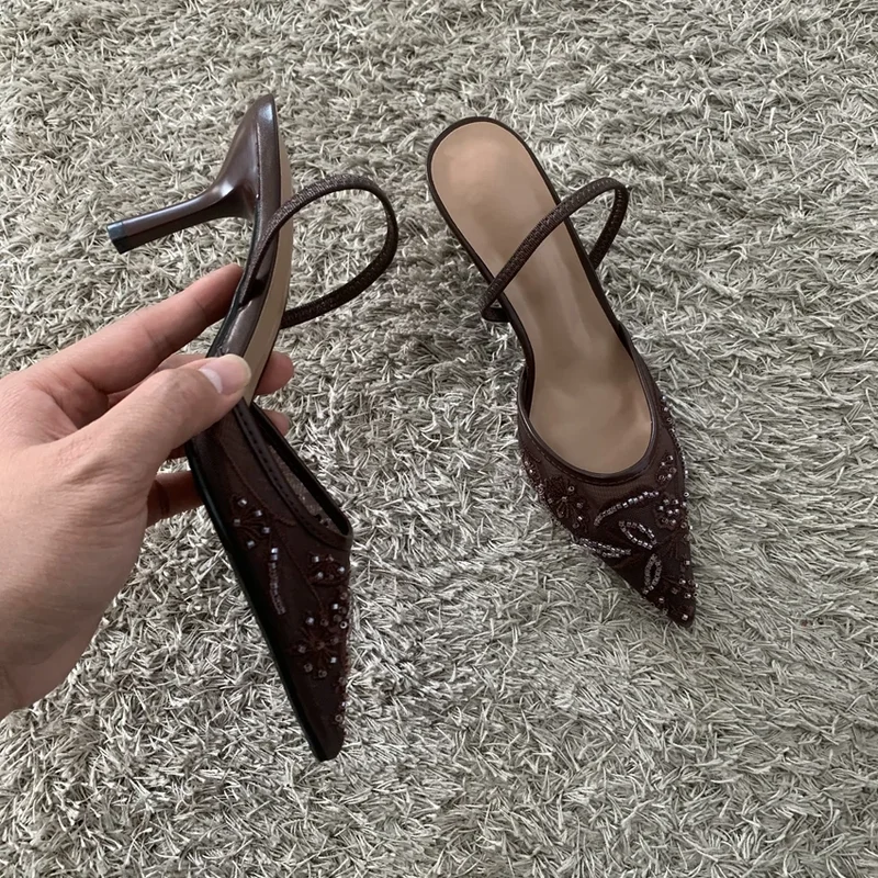 2026 String Bead Mesh Embroider Slingback High Heels Women Sexy Pointed Toe Heeled Sandals Summer Elegant Luxury Designer Shoes