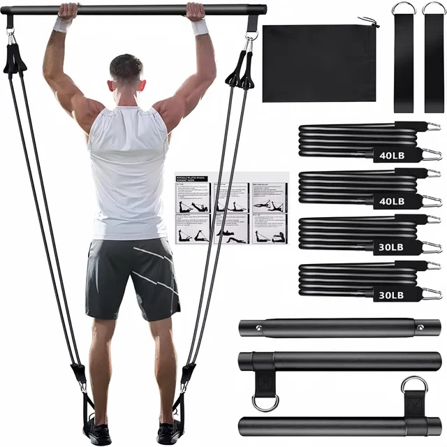 Portable Yoga Pilates Bar Stick with Resistance Band Home Gym Muscle Toning Bar Fitness Stretching Sports Body Workout Exercise