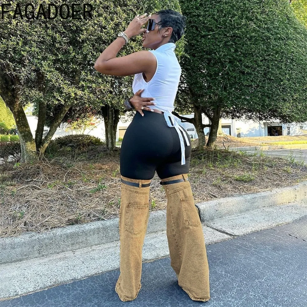 FAGADOER Fashion Vintage Streetwear Women High Waisted Button Patchwork Denim Pants Autumn Female Skinny Trousers Bottoms 2023