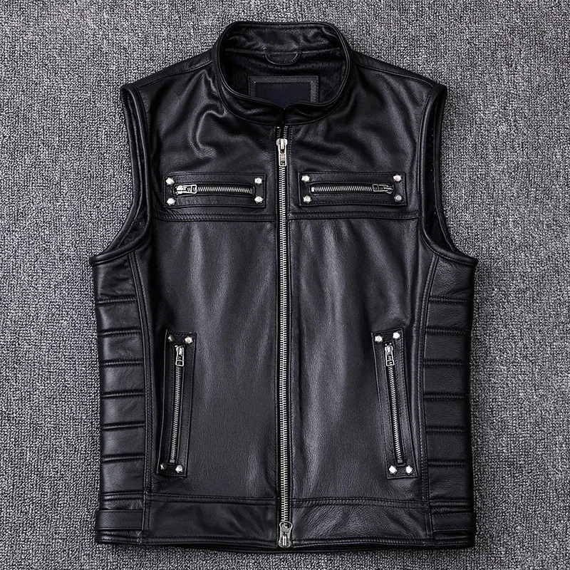 

Genuine Cowhide Leather Vest Men Motorcycle Biker Vests High Quality Stand Collar Sleeveless Jackets Zipper Waistcoat 2023 New