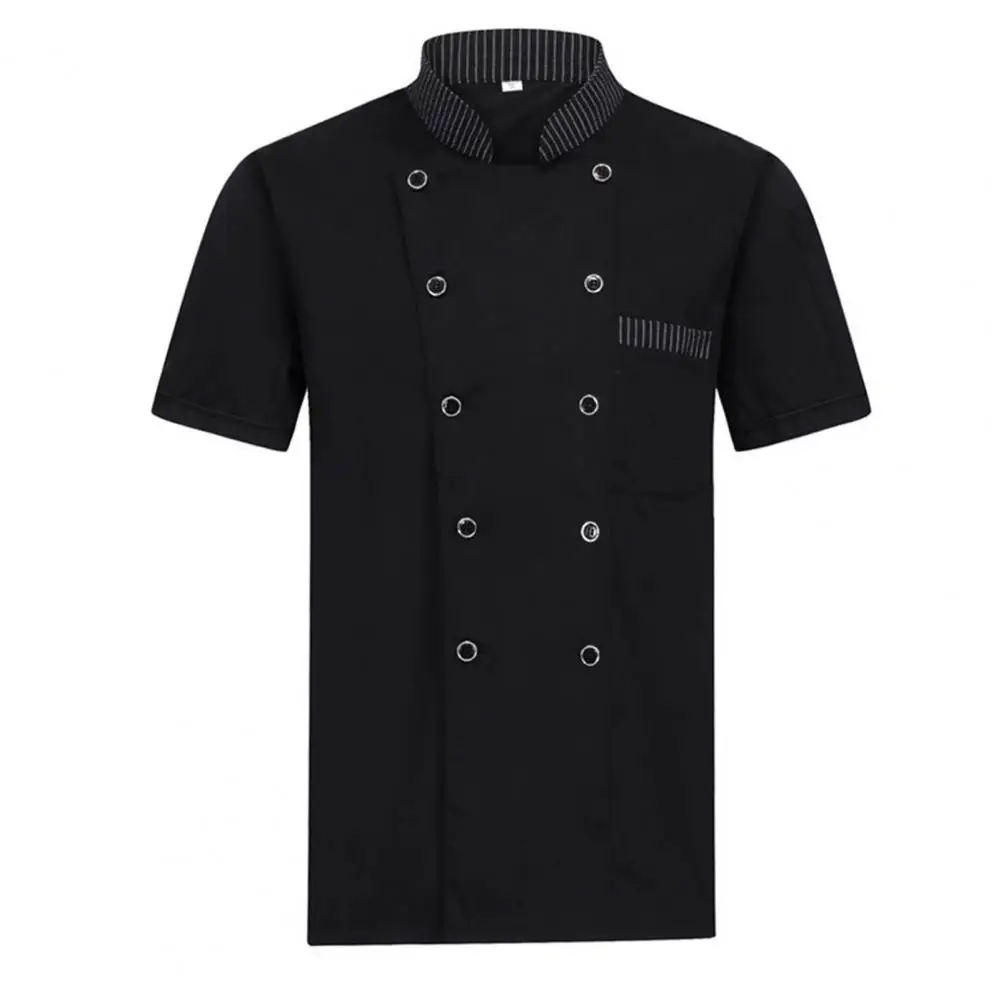 Stand Collar Short Sleeve Double Breasted Patch Pocket Chef Uniform Women Men Service Bakery Breathable Chef Shirt Work Clothing