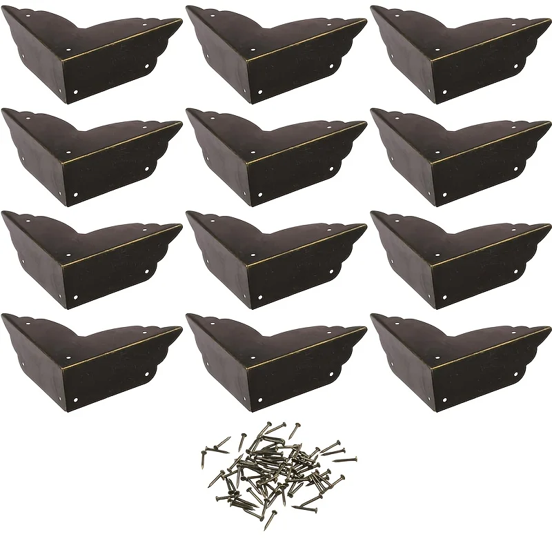 

12pcs Antique Metal Box Corner Protectors Edge Safety Cabinet Furniture Corner Metal Buffer Antique Brass Tone 2.75*2.75 inch