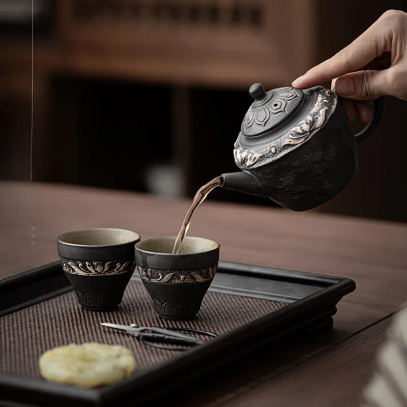 Wabi Sabi Style Black Pottery Mud Teacup Lotus Petal Master Cup Tasting Meditation Cup Personal Tea Bowl Kungfu Teaset Drinkware