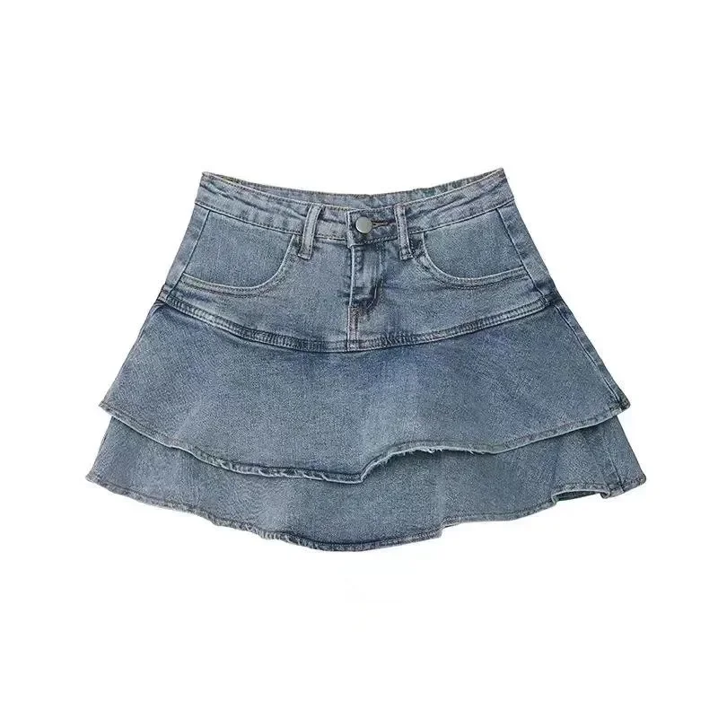 Y2k Skirts Women Summer Hot Ruffles Mini Design All-match Slim Simple Denim Retro Schoolgirls Streetwear Korean Style Faldas New