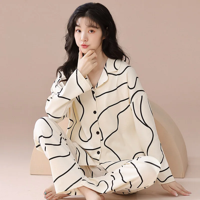 Women's  2 Piece Pajamas Set Autumn Winter Pajama Women Cotton Long Sleeve Shirt with Trouser Sleepwear Loungewear Female Pyjama