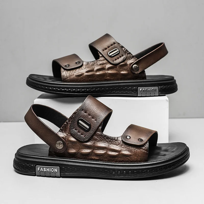 Men's Braided Black Leather Anti-Slip Outdoor Sandals
