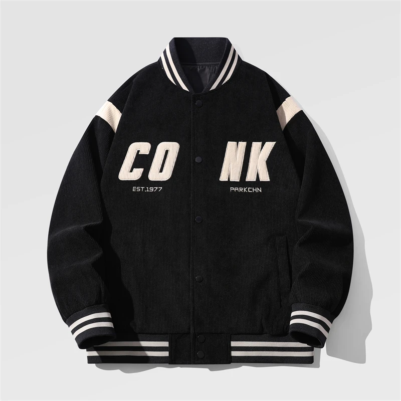 

Men Corduroy Color Block Jacket Stand-up Collar Baseball Clothes Vintage High Street Fashion Casual Coat Embroider Couple