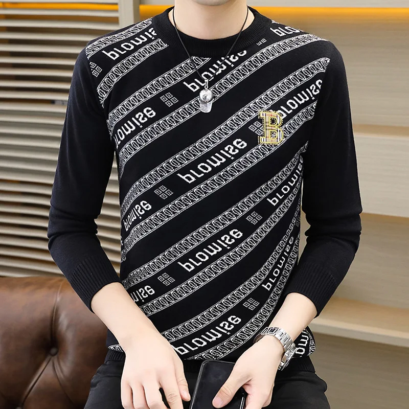 Men's Long-Sleeved Sweater Autumn High-End round Neck Wool Sweater Men's Fashion Casual All-Matching Tops