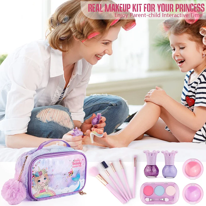 Fingir kit de maquiagem para meninas crianças fingir jogar maquiagem  conjunto com saco de cosméticos para meninas real cosméticos seguro  não-tóxico